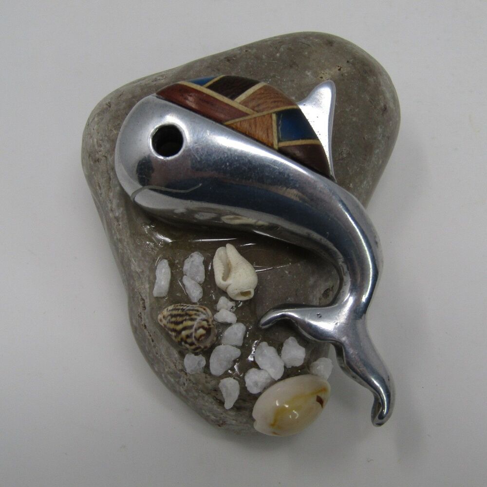 Vintage Metal & Wood Whale Dolphin Figurine Nautical Natural Stone Base Wall Art